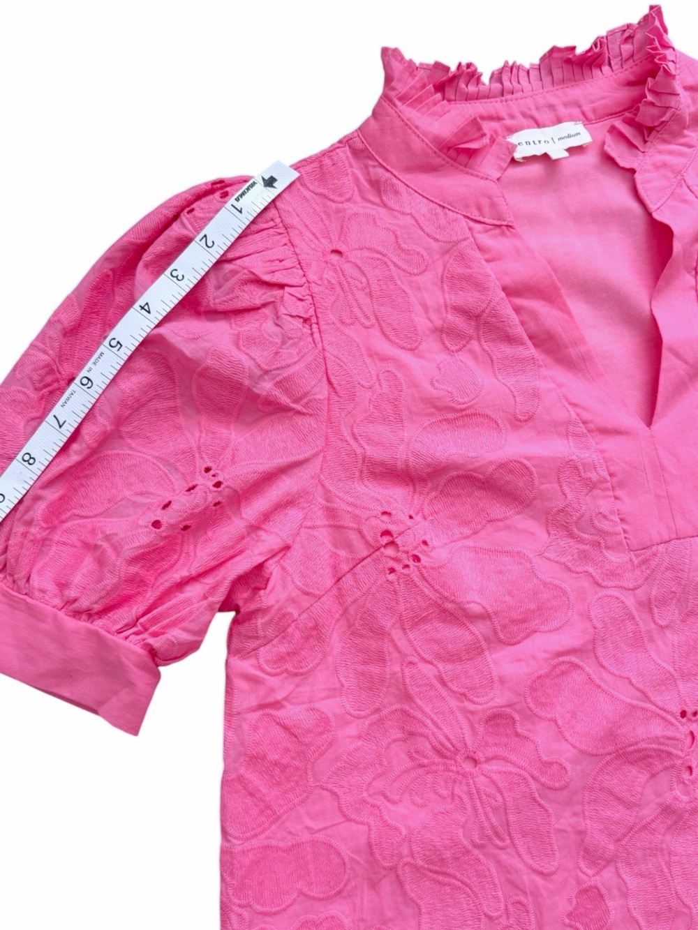 Entro Hot Pink Floral Eyelet Ruffle Neck Puff Sleeve Blouse Size M - Picture 12 of 13